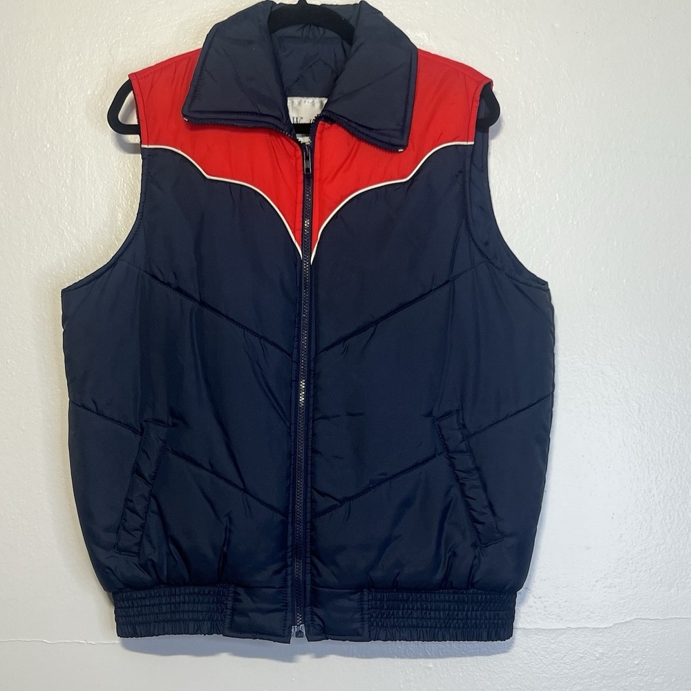 Vtg Windbreaker Brand Puffy Ski Vest  Outdoor Wear Mens‎ L Blue Red Puffer